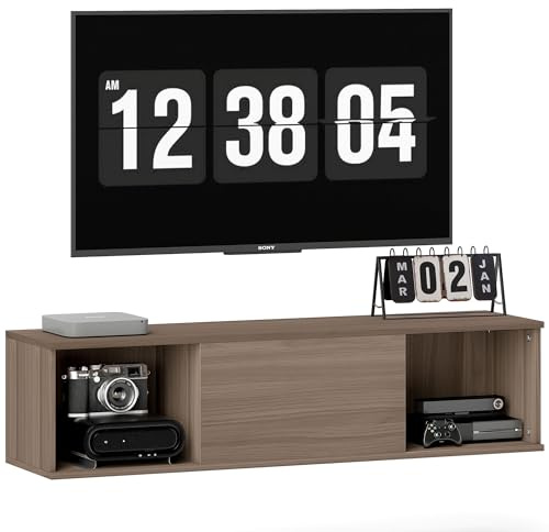 HOMCOM Mobile per TV sospeso 120 cm, armadio da parete, mobile pensile, stile moderno, con 2 scomparti aperti e porta pieghevole, colore: marrone