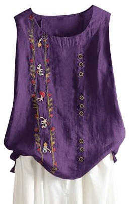 HAOLEI Vest Tops Women UK Summer Cotton Linen Sleeveless T-Shirt Plus Size Loose Fit Floral Shirts Dandelion Embroidered Lounge Wear Baggy Dressy Casual Blouses Ladies Tank Tops