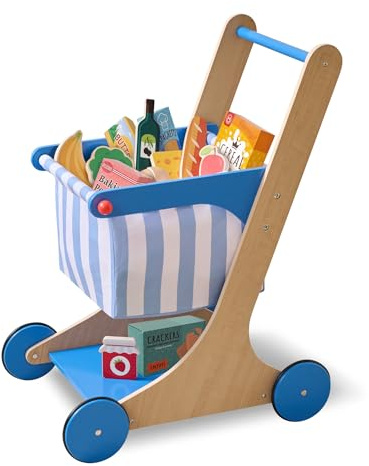 Little Helper Mr. Fresh Wooden Shopping Cart with 13 Grocery Store Pretend Play Food Accessories and Rolling Wheels – Montessori Push Toy for Kids and Toddlers Ages 3+, Blue & White Stripes