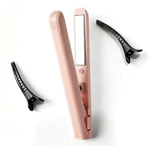 XWLEYW Mini Hair Straightener for Women Men, 2-in-1 Portable Short Hair Straightener & Curler, Small Dual Purpose Hair Curling Iron and Straighteners, Travel Size (Pink)