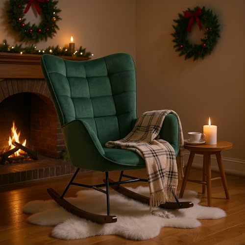 Meuble Cosy Fauteuil de Relaxation, Rocking Chair Confortable, Chaise à Bascule pour Salon en Velours avec Pieds Bois et Métal