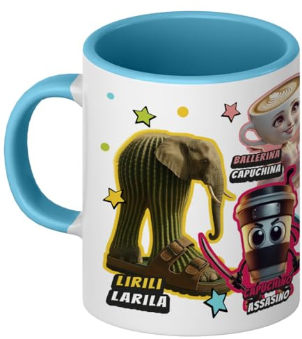 Taza Cerámica Infantil Italian Brainrot 325 ml | Lirili Larila, Capuchino Assasino, Bungoletti Spaghettini, Bombardiro Crocodilo, Ballerina Capuchina y Tralalero Tralala | Regalo Original (AZUL)