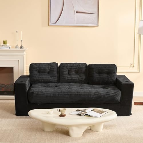 Litbird 3 Seater Couch for Living Room, Space-Saving Boneless Sofa in a Box with Cushions & Cup Holders, Corduroy Floor Sofa with Backrest, No Assembly Required, for Small Spaces & Teens, Black