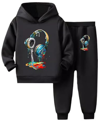 Conjunto de Chándal Invierno Infantil Sudadera con Capucha y Pantalón Cómodo para Niños Juego de Ropa Deportiva Abrigada Dos Piezas (Black, 6-7 Years)