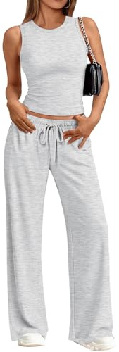 Trendy Queen Women's 2 Piece Summer Lounge Sets Butter Soft Tank Top & High Waisted Wide Leg Pants with Pockets Oatmeal Grey S