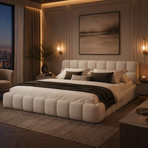 Bubble Bed Frame 4ft6, Cloud Bed with Headboard Upholstered, Upholstered Platform Bed, Modern Style, Youth Bed, Small Double Bed Frame with Wooden Slats, Linen, No Storage, No Mattress (Beige, 4ft6)