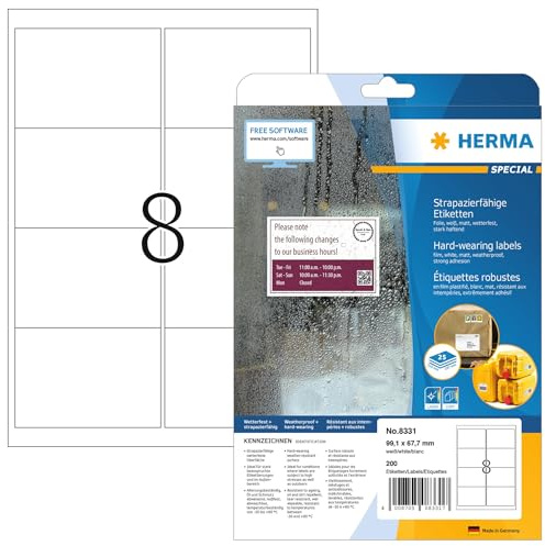 HERMA 8331 väderbeständiga folie fraktetiketter A4 (99,1 x 67,7 mm, 25 ark, polyesterfolie, matt) självhäftande, utskrivbara, extremt stark häftande adressetiketter, 200 klistermärken, vit