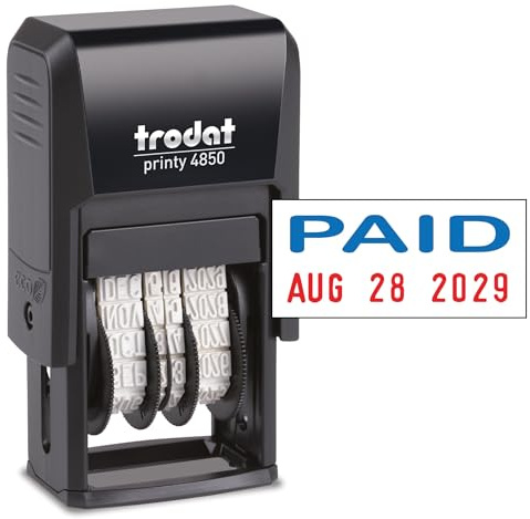 Trodat Printy 4850 Date Stamp – Pocket Sized Self-Inking Stamp with Paid Message – Blue and Red Ink, 3/4 x 1