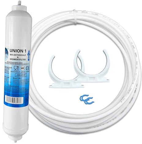 UN1/AS1. Wasserfilter für Samsung LG AEG Side by Side Kühlschrank Filter extern. Aktivkohlefilter mit integriertem Schlauchanschluss. 5m Kühlschrankschlauch