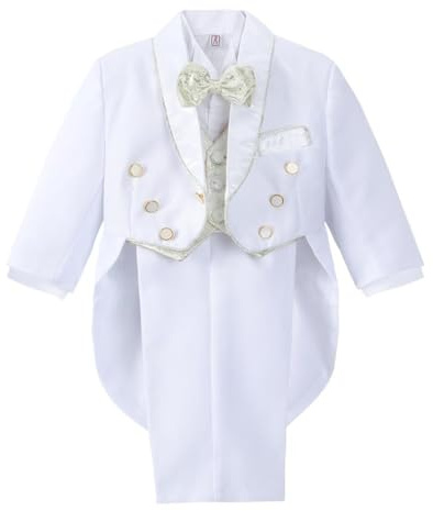 Lito Angels Ensemble 5 Pieces Costume de Smoking Blanc pour Enfant Garcon, Mariage Ceremonie Bapteme, avec Gilet et Noeud Papillon Jacquard Or, Taille 2-3 Ans