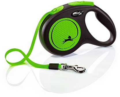 flexi® Neon M Gurt 5 m schwarz, neon-grüner Gurt, reflektierende Seitenfläche, Roll-Leine für Hunde bis 25 kg