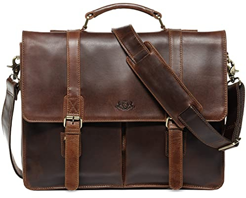 SID & VAIN portfölj HARVORD XL kontor laptop affärsväska äkta läder 15,4 tum laptop axelväska läderväska herrväska brun, Brun konjak, Unisex-Adults, Portfölj