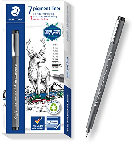 STAEDTLER Pigmentierter Fasermaler in verschiedenen Linienbreiten, inklusive 3 Filzstiften, dokumentenechte Pigmenttinte, lange Haltbarkeit, 7 Linienbreiten mit 3 Farbstiften, bunt, 1