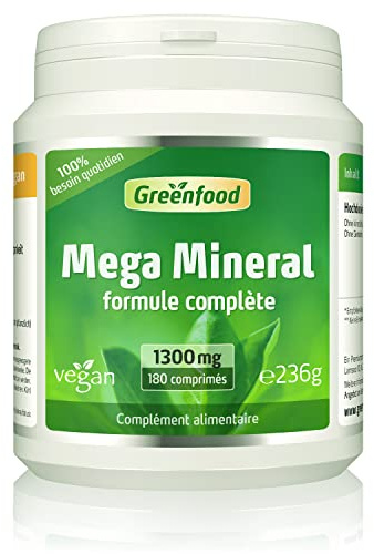 Greenfood Mega Mineral 1300 mg,dose extra élevée, 180 comprimés - Sans additifs artificiels. Sans génie génétique. Vegan.
