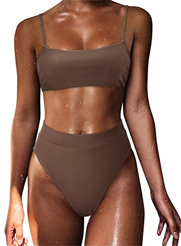 MOSHENGQI Women High Waisted High Cut Bikini Push Up Bandeau Swimsuits (S, Cocoa Brown)