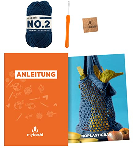 myboshi Häkelset Einkaufstasche noplasticbag, inkl. No.2 Wolle, Nadel und Anleitung, Häkelpaket, 85% Baumwolle, 15% Kapok Marine mit Häkelnadel