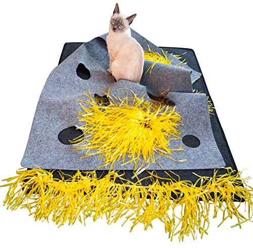 Katzenteppich Spielteppich aus Filz für Kitten und Katzen mit Löchern und Fransen, Spielmatte, Kratzmatte, Schnüffelteppich Filz grau Selbstbeschäftigung Intelligenzspielzeug Abenteuerspielplatz