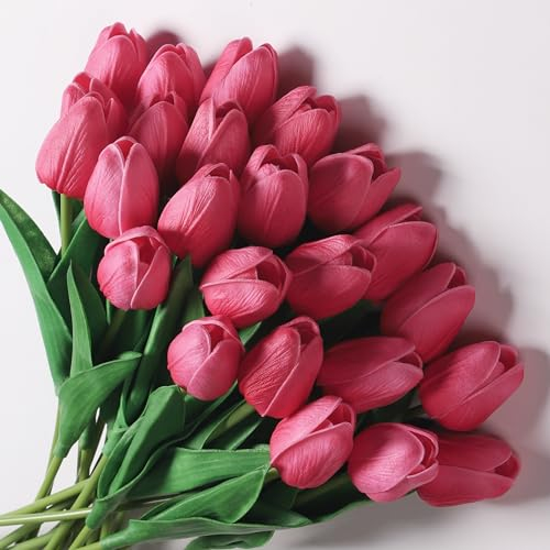 Anaoo 24pcs Tulipe Artificielle en Latex, Bouquet Fleurs Artificielles de Mariée Décoration pour Maison, Mariage, Fête, Bureau, Arrangements Floraux, Rose Foncé