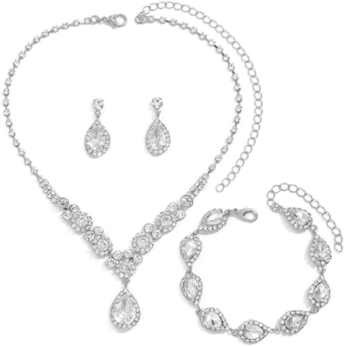 FDEETY Set di Gioielli da Sposa Elegante e Splendente Nuziale Zircone Collana Orecchini Braccialetto Pendenti Set per Matrimonio Banchetto Party