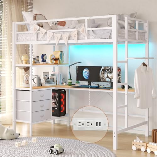 DICTAC Loft Bed Twin Size with L-Shaped Desk, LED Lights and Charging Station Metal Twin Loft Bed for Kids/Tenn with 3 Storage Shelves and 3 Fabric Drawers,loft Beds with Safety Guard &Ladder, White