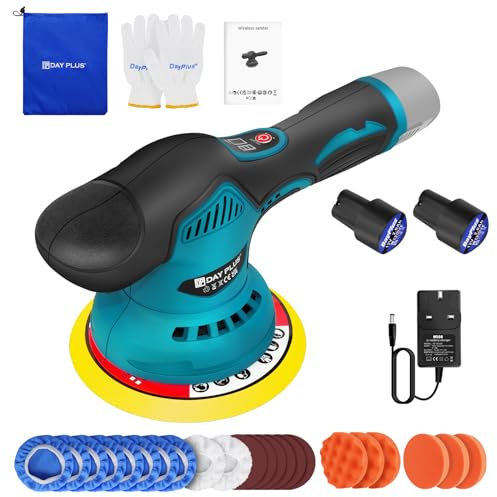 12V Battery Car Polisher Kit Cordless Rotary Buffer Polishing Machine Sander with 2PCS 12V 2.0Ah Battery, 2800-5500 RPM, 8 Variable Speed, 125mm Base for Car Care Furniture Polishing Sanding