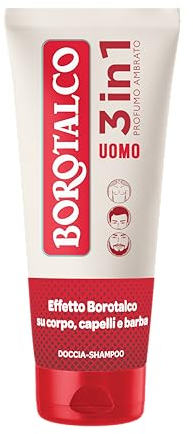 Borotalco, Shampooing Douche Homme 3 en 1 Corps Cheveux et Barbe Parfum Ambre - Corps Cheveux et Barbe Propre, Doux et Parfumé, Testé dermatologiquement - 200ml