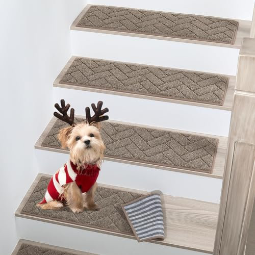 BEQHAUSE Stair Treads, 15 pcs Anti Slip Stair Treads, 22x70cm Stairs Carpet Tread for Elders, Kids, Dogs, Machine Washable Stair Pads, Beige