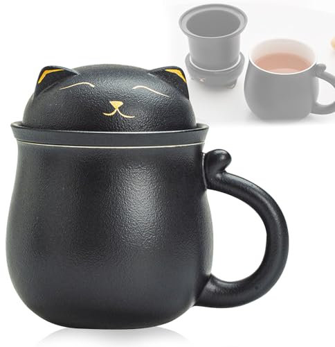MeYuxg Taza de té con tapa y colador, taza de té de cerámica de 13,5 oz con colador de té, taza de gato, regalo para cumpleaños, Navidad, vacaciones