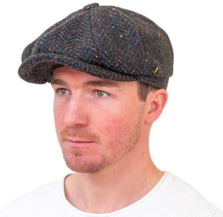 Hatman of Ireland Irischer Newsboyhut für Herren, 100 % Kerry Woollen Mills Tweed, 8-teilig, Torf, XL