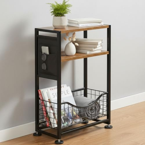ZEXVIDA Skinny Side Table with Storage, 3 Tier Slim Side Tables for Small Spaces, Skinny End Table Narrow Bedside Table Narrow Side Table for Living Room, Bedroom