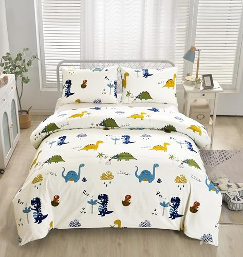 Lunoroey, set di copripiumino con motivo dinosauri per bambini, misura king size, 100% cotone, biancheria da letto per bambini ragazzi e ragazze, cotone morbido, adatto per tutte le stagioni