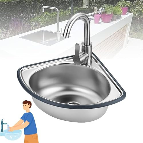 Évier de Services publics Libre Debout, Bol Simple évier en Acier Inoxydable, évier de Coin Mural, avec unité de draineur et Robinet, pour la buanderie 13,4 * 13,4 Pouces * 5,1 Pouces Coldal