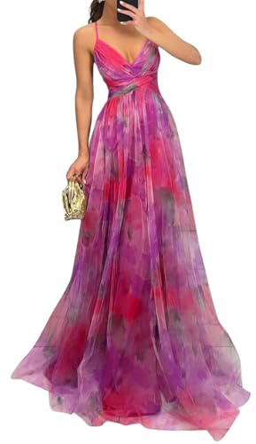 shownicer Vestito Donna Elegante Abito Cerimonia Vestito Lungo Estivi Scollo a V Senza Maniche Vestiti Stampa Floreale A Rosa XL