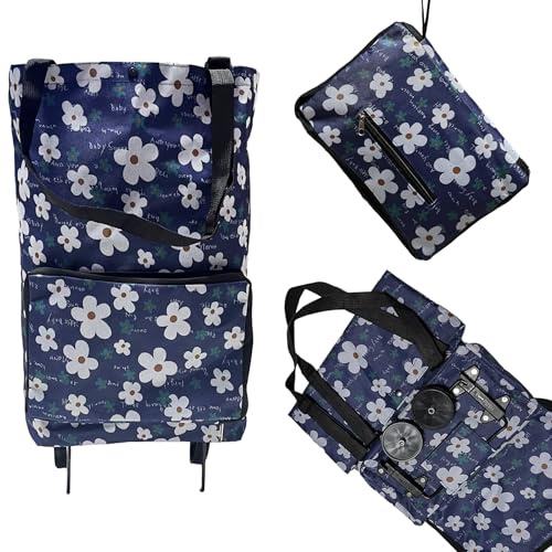Folding shopping cart, supermarket trolley with two lightweight folding wheels, Oxford cloth bag reusable folding bag large capacity ultra-light handbag for home shopping(lily)