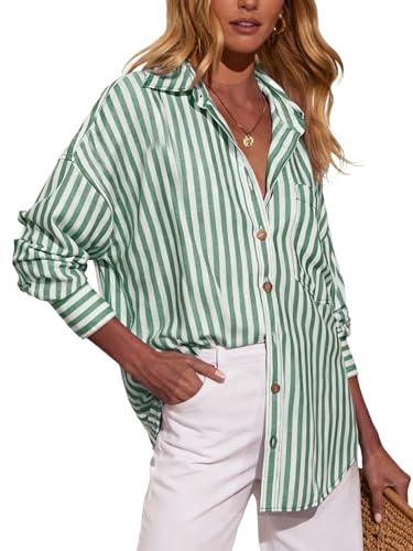 Dressmine Striped Cotton Shirts Women Long Sleeve Button Down Blouse Green