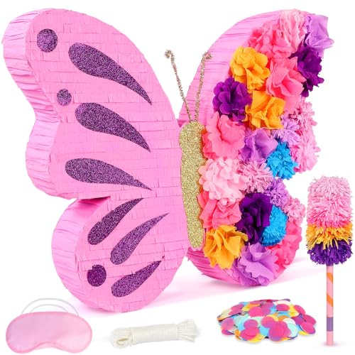 27 Pink Butterfly Pinata for Girls Birthday, Dreamy Floral Party Supplies with Stick, Blindfold & Confetti - Sturdy Paper Mache Centerpiece for Baby Shower, Princess Garden Theme & Fairy Tale Decor