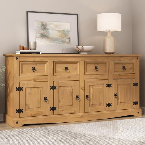 Corona Sideboard 4 Door 4 Drawer Large Mexican Solid Pine Wood with Wax Finish and Black Metal Hardware W 164 cm x D 40 cm x H 76 cm