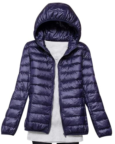 xitoio Chaqueta de plumón ligera y plegable para mujer, abrigo acolchado impermeable con capucha de gran tamaño, parka comprimible rellena de plumas, azul marino, XL