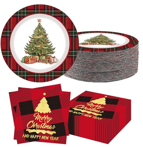 40 PCS Christmas Plates Dinner Set, Christmas Paper Plates and Napkins Set, Xmas Tree Tartan Paper Tableware for Xmas Dinner, Dessert, Decorations, Party Supplies