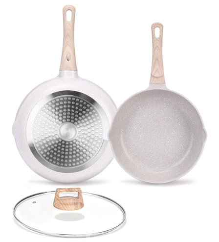 GFTIME Juego de sartenes de cerámica de 24 cm y 28 cm con tapa, antiadherentes, revestimiento cerámico, aptas para inducción, aptas para todo tipo de cocinas, saludables y no tóxicas, sin PFOA ni PFAS