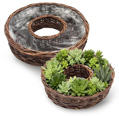 Spetebo Lot de 2 anneaux de plantation en rotin naturel avec film - 40 cm + 30 cm - Jardinière en osier pour planter directement - Décoration de jardin - Pot de fleurs - Pot de fleurs - Pot de fleurs