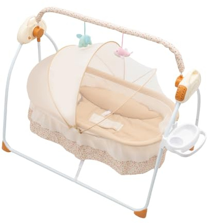 Queeucaer USB & Bluetooth Music Foldable Electric Swing Cradle, Remote Control Automatic Rocking Bed with 5 Swing Gears & Timing Function, Bluetooth Music Rest Bed with Mesh Net Toy Rack Cup Holder