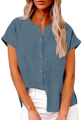 Generico Camicia Lino Donna Camicia Donna Manica Lunga Estiva Camicie in Lino Cotone Elegante Blusa con Bottoni E Tasca Lavoro Casual Top per Ufficio Spiaggia E Abbigliamento Quotidiano Estivo
