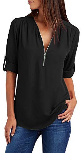 Tuopuda Magliette Donna Estive Camicette Manica Lunga Camicia Elegante Blusa Moda T-Shirt Scollo a V Top con Cerniera Tee Maglietta Casual Shirt Tinta Unita Pullover Taglie Forti, Nero, S