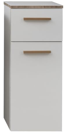 Pelipal Badezimmerschrank Quickset 931 in Weiß Glanz / Kante Riviera Eiche, 30 cm breit | Unterschrank mit 1 Tür, 1 Schubkasten und 1 Einlegeboden