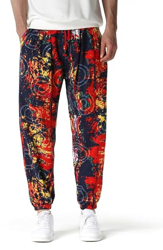 MakingDa Hippy herrbyxor bomull säckiga tryckta lediga haremsbyxor färgglada mönstrade yoga hippie bohemiska byxor, 5, S