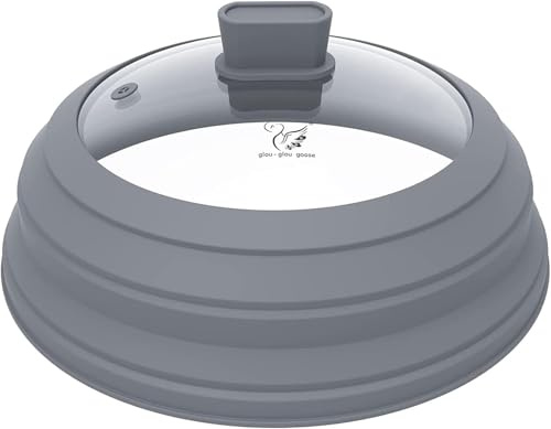 Microwave Splatter Cover Glass Splatter Guard Lid with Collapsible Silicone for Food Pot Plate Cover 10.8 inch Light Grey