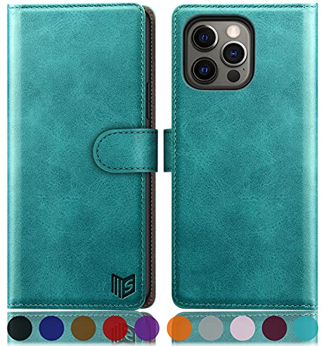 SUANPOT [RFID Schutz für iPhone 13 Pro Max 6,7-Zoll Hülle PU Leder Handyhülle Lederhülle Klapphülle Kartenfach Flip Cover für Apple 13 Pro Max Handy hülle Leather Wallet Phone Case Blau Grün