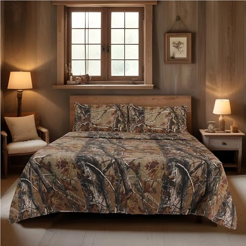 Realtree - Set di lenzuola multiuso mimetiche, 4 pezzi, in percalle di cotone super morbido, 100 g/m², facile da pulire, a tema forestale, per camera da letto, caccia e attività all'aperto (completo)