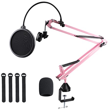 Microphone Stand, Cicano Mic Boom Arm Suspension Scissor with Shock Mount, Mic Clip Holder Upgraded Desk Clamp for Blue Yeti Snowball Ice and Other Mics Pink